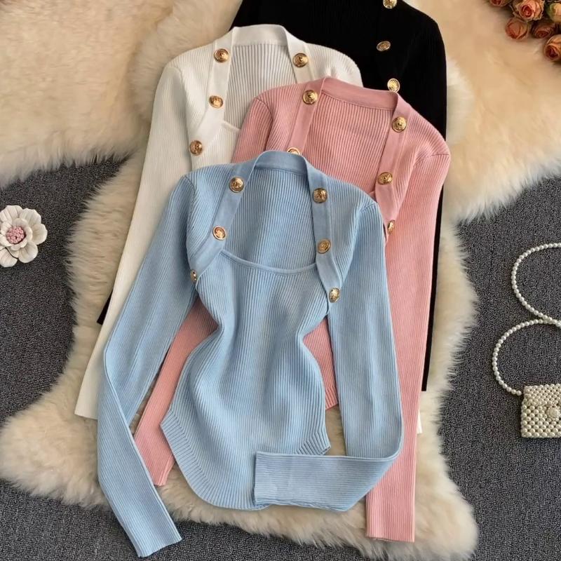 

Women's Sweaters Autumn Winter Fashion Short Sweater Women Korean Style Slim U-Neck Long Sleeve Base Knitted Elegant Pullover TopsWomen's, Black