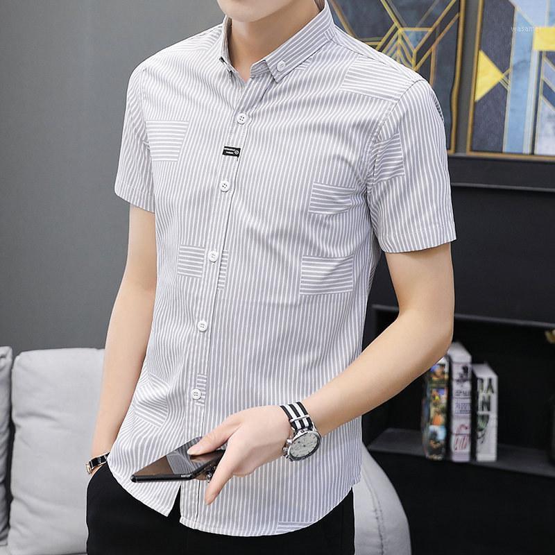 

Men's Casual Shirts Striped Short Sleeve Shirt Korean Fashion Cool Summer Wear Slim Fit Dress Inch, 282 green