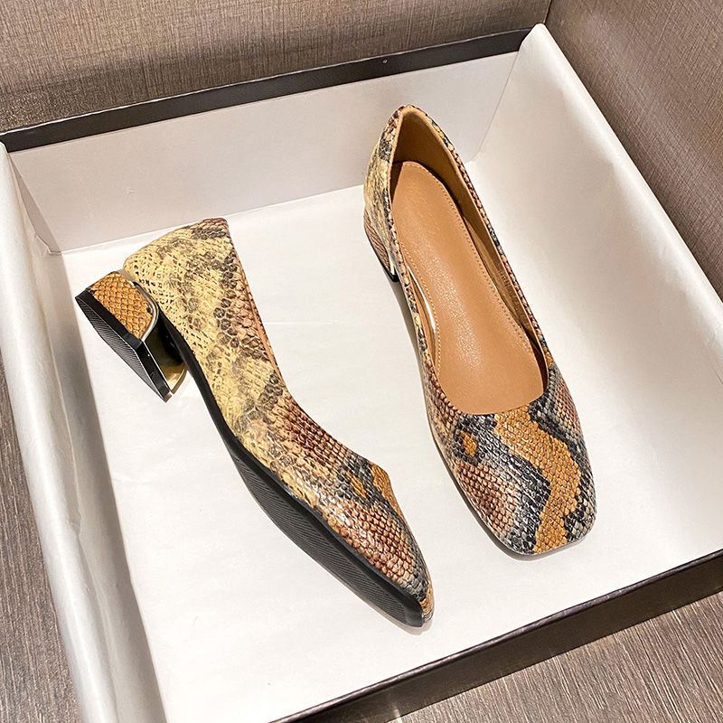 

New Autumn Sexy Chunky Heel Shoes Split Leather Snakeskin Soft Women Shoes Round Toe Shoes Ladies Dress, Yellow point toe