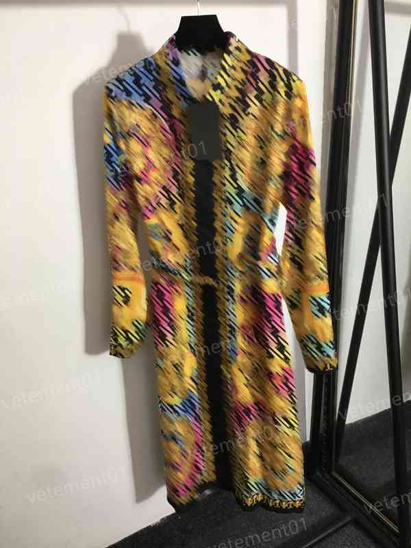 

Fashion Womens Dresses Joint F Letter Retro Pattern Print Lace-up Waist Long-sleeved Dress High Quality Luxury Designer Women Clothing