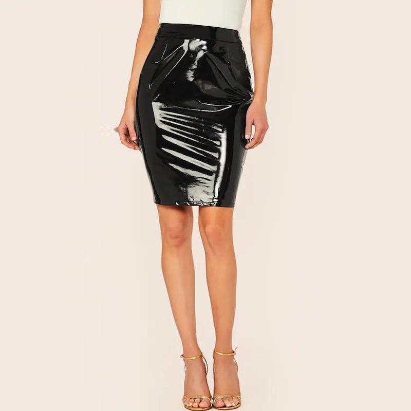 

Skirts High Waist Faux Latex Leather Midi Women Casual Shiny Patent Pencil Office Lady Slim PU CustomSkirts, White