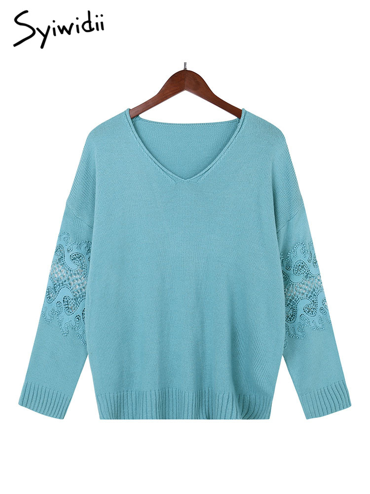 

Sweater Women Lace Long Sleeve Fashion 2022 Spring Autumn V Neck Loose Casual Pullovers Elegant Ladies Lazy Tops, Black