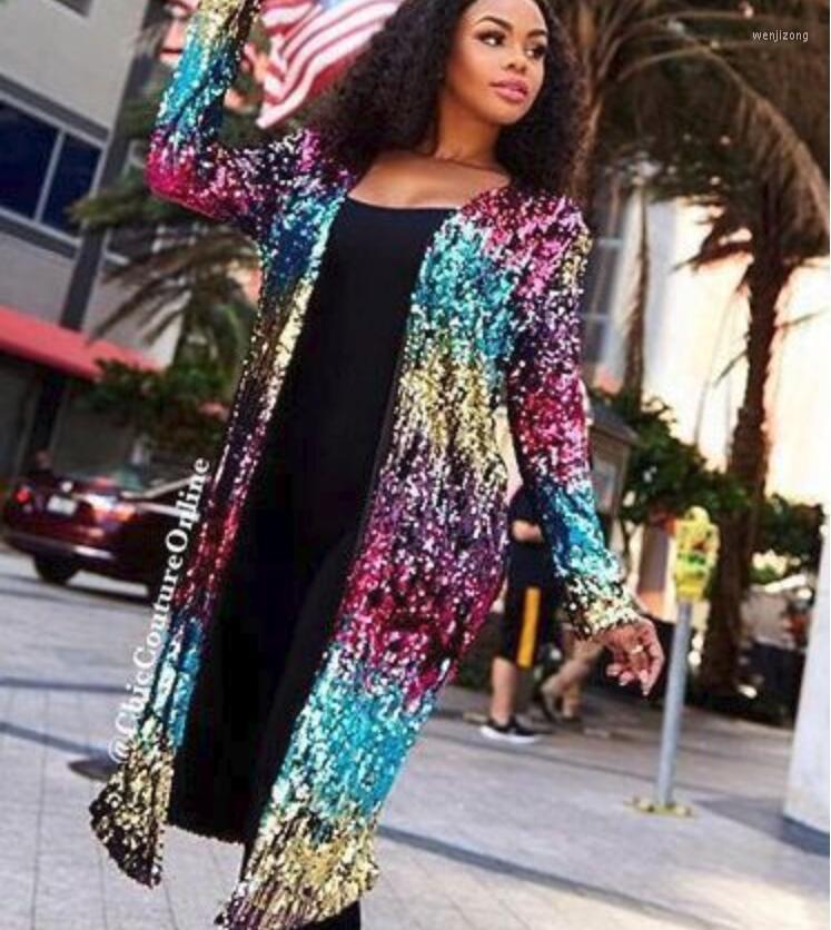 

Women' Trench Coats Fashion High-end Sequin Jacket Nightclub Gradient Color Wild Slim Female, As photo 1