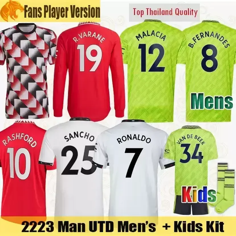 22 23 MANS UTDS SOCCER JERSEY SANCHO VARANE RASHFORD FOOTBALTS FOOTLING 2022 2023 Men Kits Kits Manchesters B.Fernandes Martial Player Fans