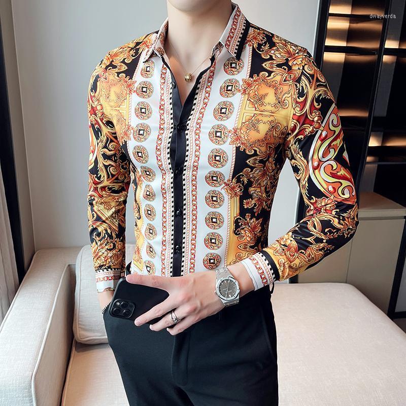

Men's Dress Shirts Luxury Royal Gold Print Men Shirt Brand Clothing Long Sleeve Slim Fit Business Formal Party Club Fashion Homme Dway22, 2702 white