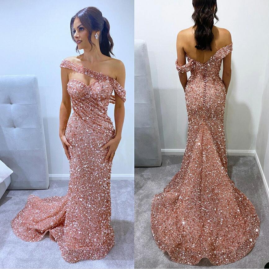 

Blush Pink Sequined Prom Dresses Bling Sexy Off Shoulder Evening Gowns Party Dress Special Occassion robe, White