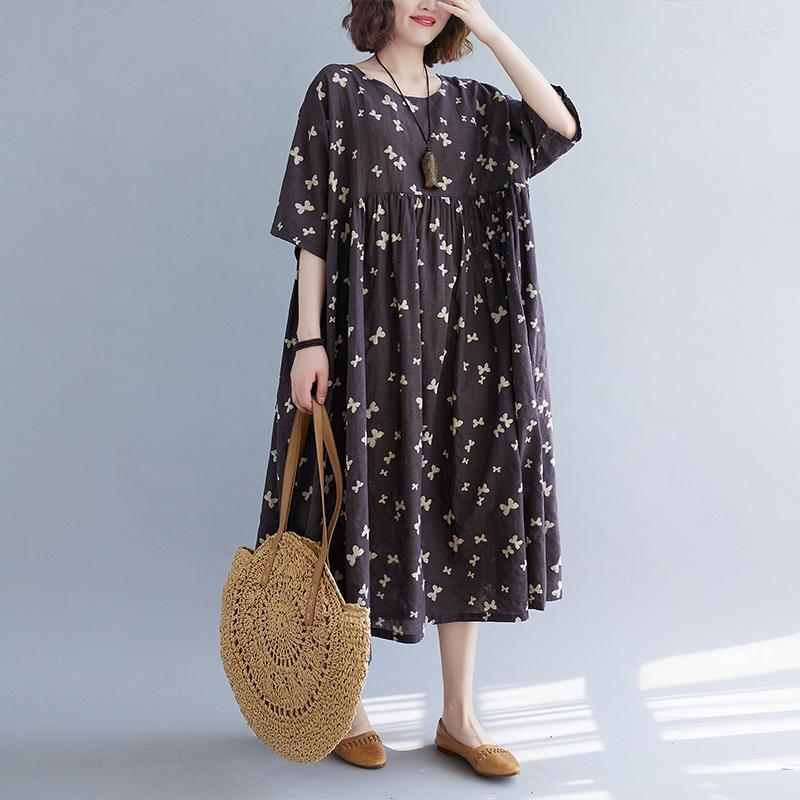 

Plus Size Dresses BIG Summer Women Fashion Elegant Butterfly Print Tops Lady Female Large Long Casual Loose Ruffles Drapped Cotton Dress Jon, Dark grey
