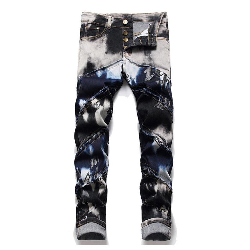 

Men's Jeans High Street Pleated Tie Dye Pants Color Block Patchwork Casual Denim Trousers For Male Hip Hop, Black