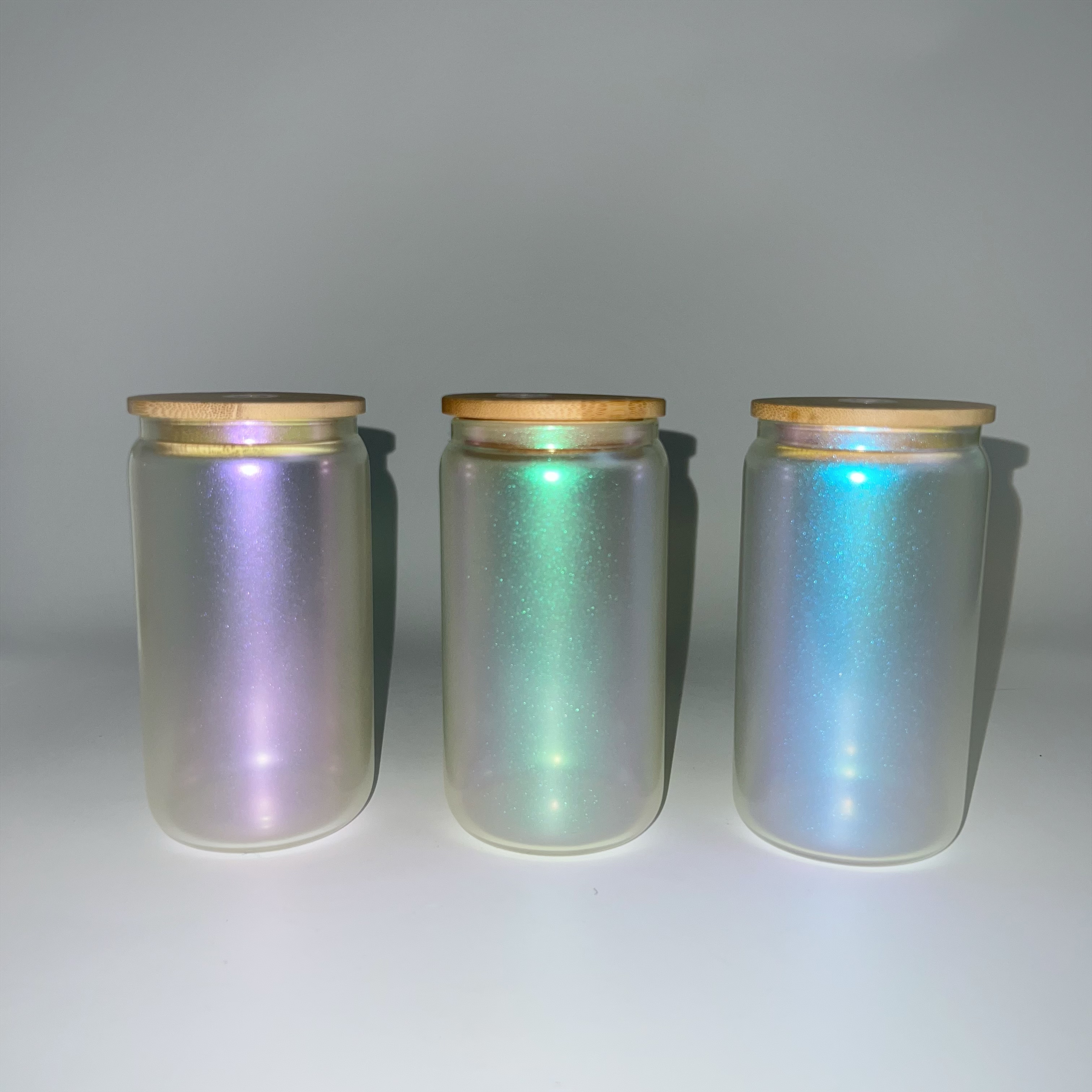 

16oz iridescent glass tumblers with bamboo lid holographic sublimation laser colors frosted glasses cola beer can beverage DIY heat transfer cups