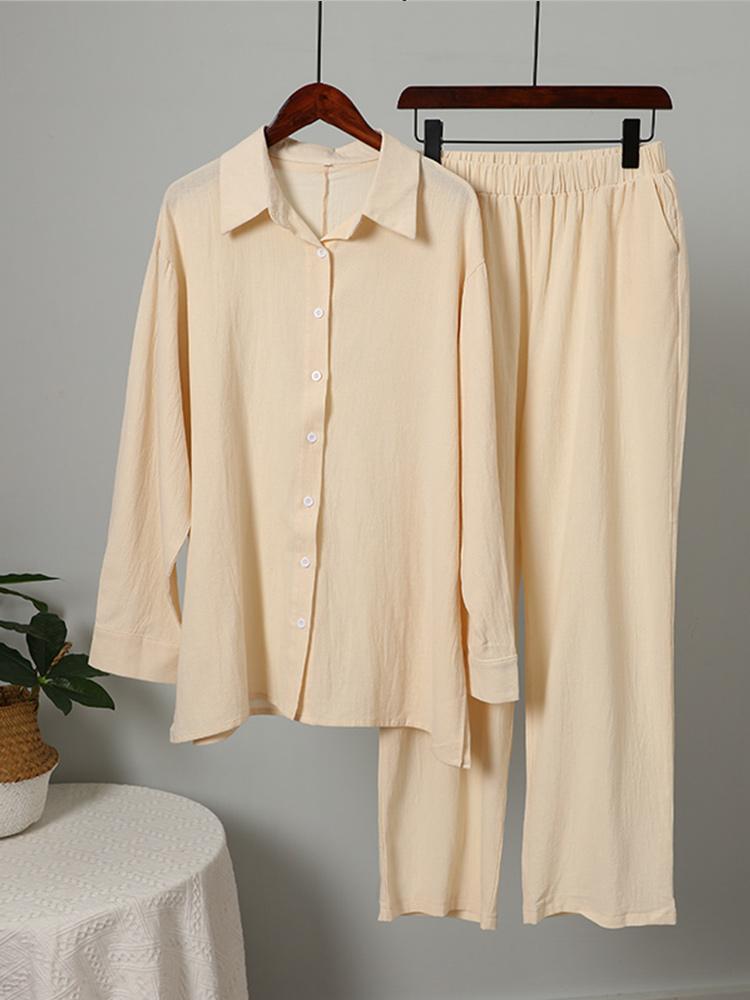 

Women' Two Piece Pants Loose Women Shirt Trouser Suits Long Sleeve Lapel Shirts And Elastic High Wasit 2 Pieces Set Fashion Office OutfitWo, Beige