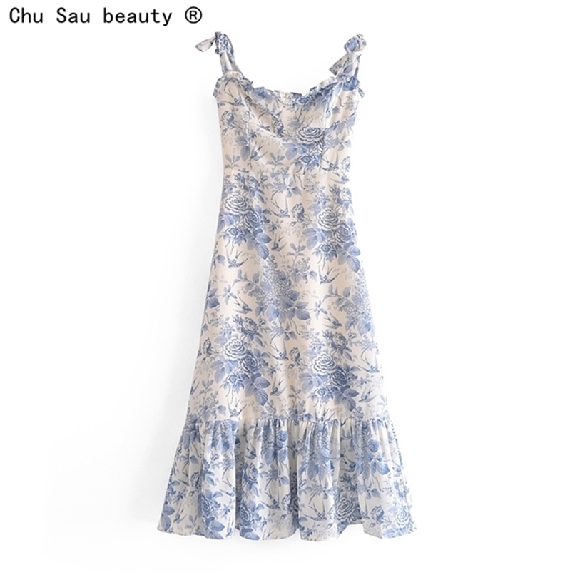

Summer Lace Up Bowknot Spaghetti Strap High Waist French Vintage Printed Ruffle Camisole Dress Female Fashion 220406, Cx0125