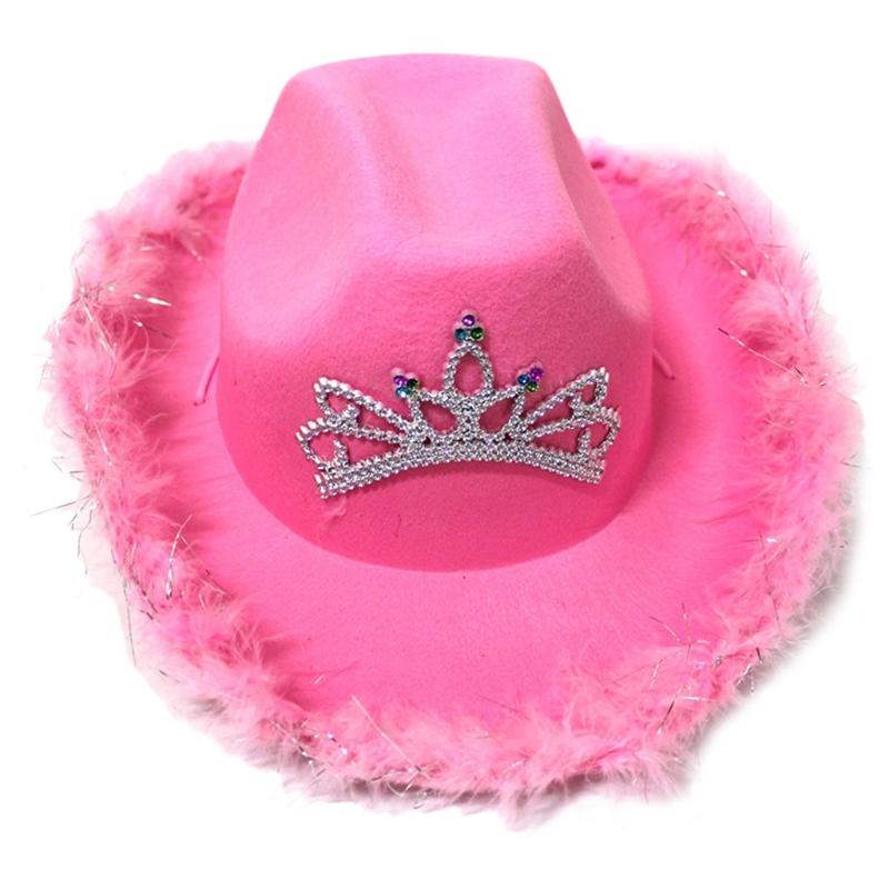 

Ball Caps Wool Felt Fedoras With Glittering Ornament Wide Brim Hat Paillette Hats Cowgirl Style In Pink Accessories, Pink denim with hair