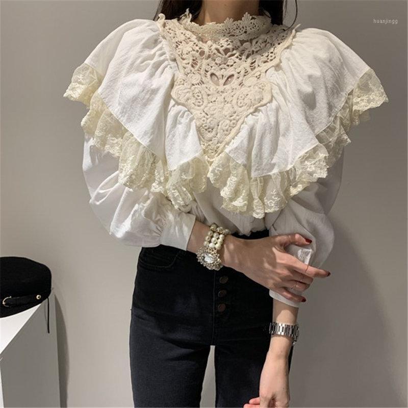 

Alien Kitty Chic Korean Patchwork Lace Loose Shirts 2022 Cotton Linen Ruffles Office Lady Casual All-Match Stylish Blouses Women's &, Red