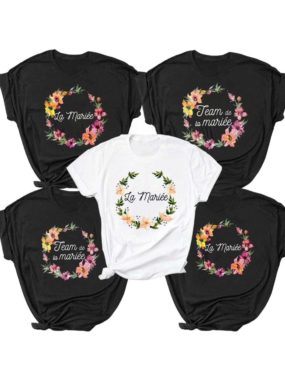 

flower Team Bride To Be Squad Women T shirts 2022 EVJF La Mariee Hen Party Bachelorette France Girl Wedding Female Tops Tees, B2738c-white