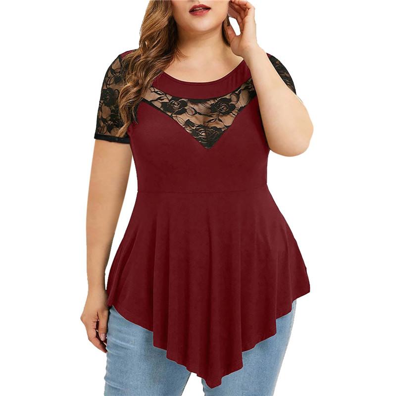

Women's Plus Size T-Shirt Elegant Black Lace Patchwork Sexy Tops Women Short Sleeve Slim T Shirt Summer Irregular Fashion Clothing 2022 5XL, Xy2119 orange