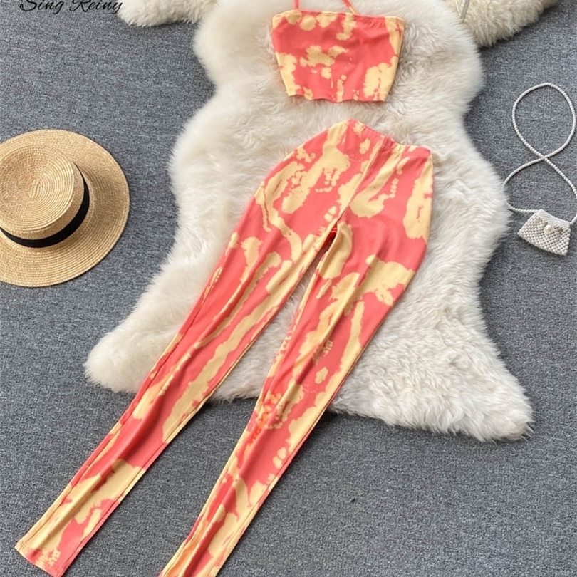 

SINGREINY Women Summer Slim Beach Set Y2K Sexy Vacation Elastic Waist One Shoulder Strap Tops Ladies Print Two Priece Sets 220510, Orange