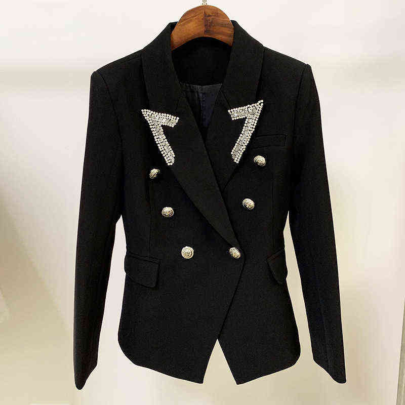 

New Diamond Black White Blazer Women Jackets Jacket Collar Point Beads Diamond Classic Double Breasted Slim Women Blazers Suit J220813, Black coat