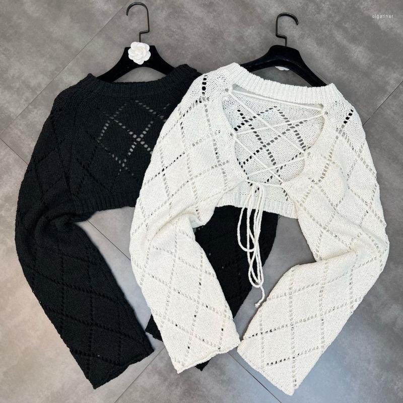 

Women' Knits & Tees 2022 Autumn Long Sleeve Hollow Out Plaid Backless Cross Drawstring Knitted Cardigans Women Sunscreen Sweater GF595Women, Black