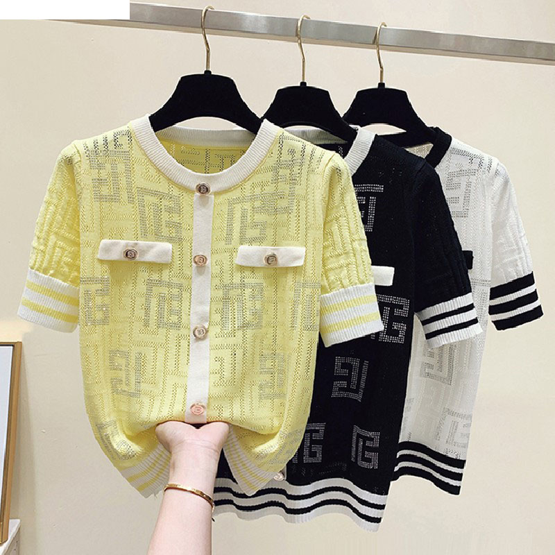 

Ice Slik Thin Knitted Women Pullovers Summer Hollow Out Short Sleeve O-neck Buttons Knitwear Sweaters Elegant Fashion Chic Tops, Pink