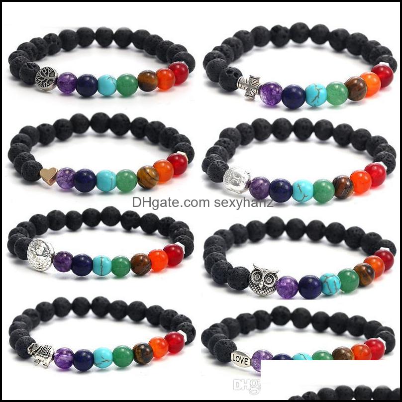 Perlé Brins Bracelets Bijoux À La Main 8 Mm 7 Chakras Naturel Pierre De Lave Perles Bracelet Pour Hommes Tête De Bouddha Arbre De Vie Hibou Éléph