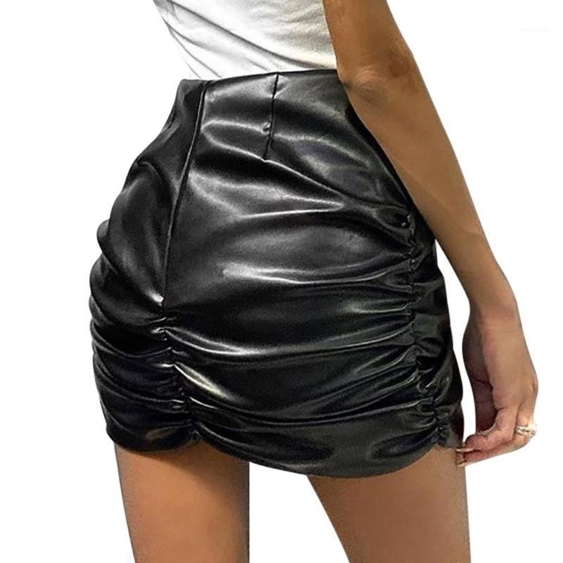 

Fashion Women High Waist PU Mini Skirt Elegant Ruffles Bandage Eveing Party Club Black Streetwear Skirts, As pic