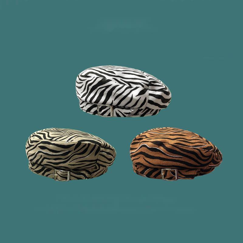 

Berets Men Women Winter Octagonal Cap Artist Painter Streetwear Pumpkin Hat Cotton Windproof Flat Top Zebra Pattern Beret AutumnBerets, White