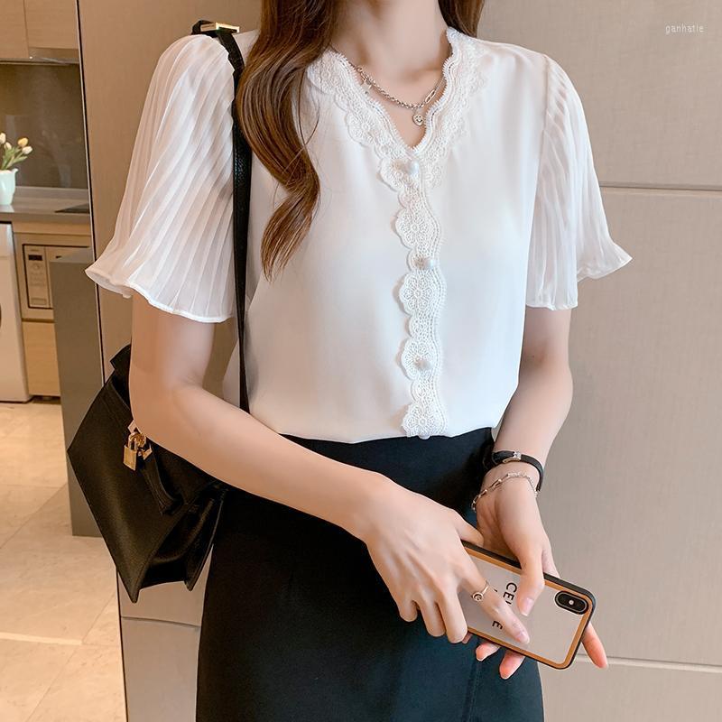

Women' Blouses & Shirts Summer White Chiffon Shirt Short Sleeve Ladies Stitching Lace Button Fashion Womens 2022 TopsWomen
