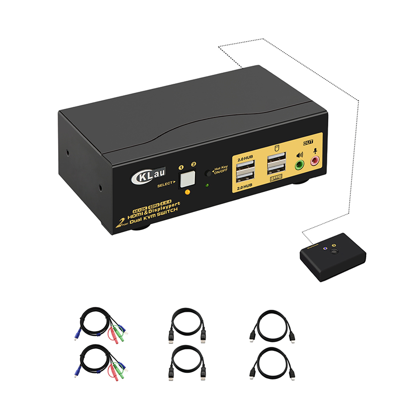 CKLau 4Kx2K@60Hz 2 Port HDMI + Displayport Dual monitor KVM Switch with Audio, USB 2.0 Hub and Cables Support HDCP 2.2, HDR 10-image-664415509