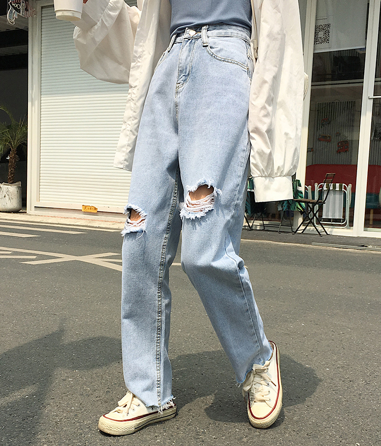 

Women' Jeans Holes Women Hipster Loose Basic High Waist Female Denim Trousers Spodnie Damskie -5XL Blue Jean, Light blue