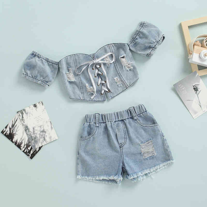 

Citgeett Summer Kids Girls Outfit Off Shoulder Short Sleeve Tops in Ripped Denim Shorts Clothing Set J220712, Red