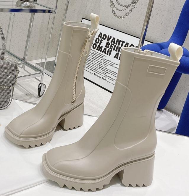 

Rubber rain boots Martin boot Square toe solid color wild zipper heightened platform mid-tube Increased thick sole tall waterproof welly boots, Black
