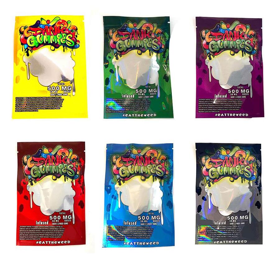 

6 color 500MG Dank Gummies Mylar Packing Bag Edibles Retail Zip Lock Packaging Bag Worms Bears Cubes Gummy