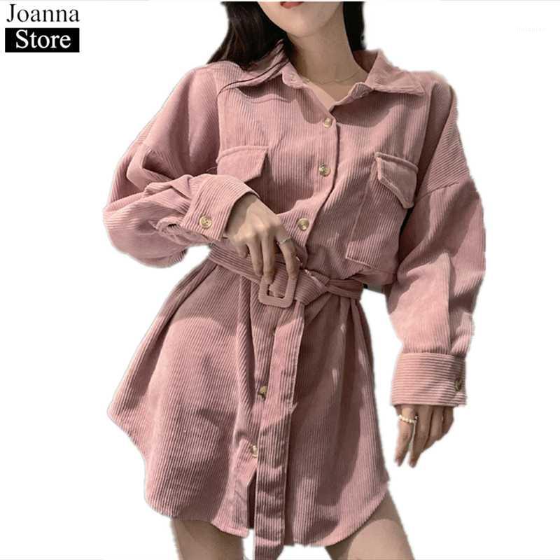 

Autumn Corduroy Lapel Long Shirt Women Sleeve Sash Slim Single-Breasted Blouse Big Pockets Vintage Plus Size Pink Wild Tops Women's Blouses