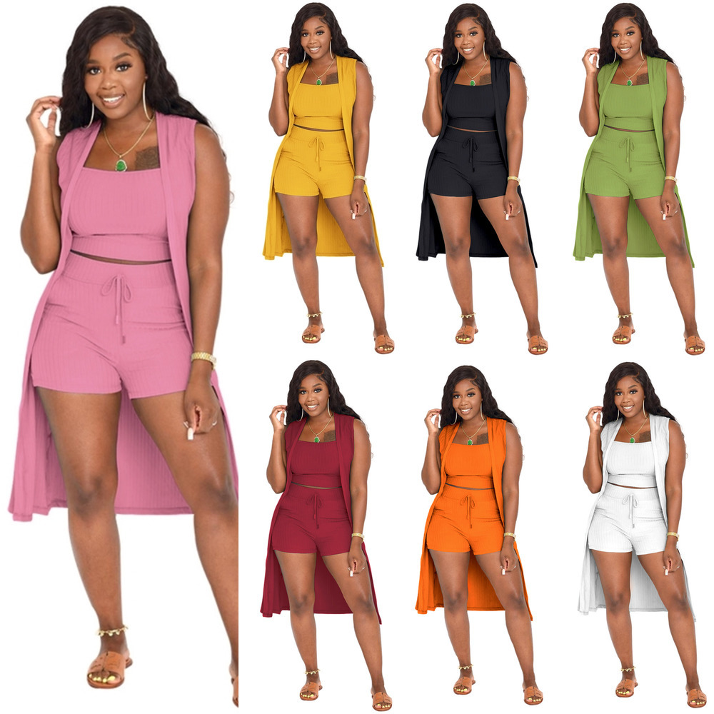 

New Womes Designer Tracksuits Rib Knitted Clothing Sexy Three Piece Set Fashion Pit Strip Outfits 2022, Yellow