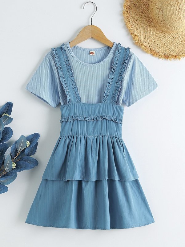 

Girls Rib-knit Top & Layered Hem Overall Dress SHE, Blue