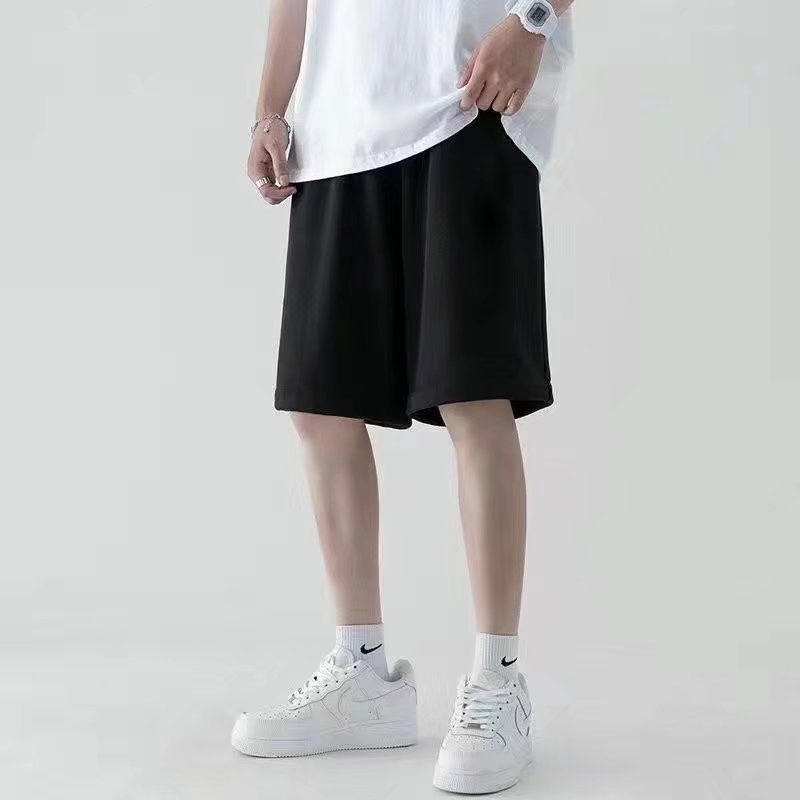 

Summer knitted shorts men's casual Capris sports loose ice silk outer wear big underpants trend middle pants men's fashion, Black