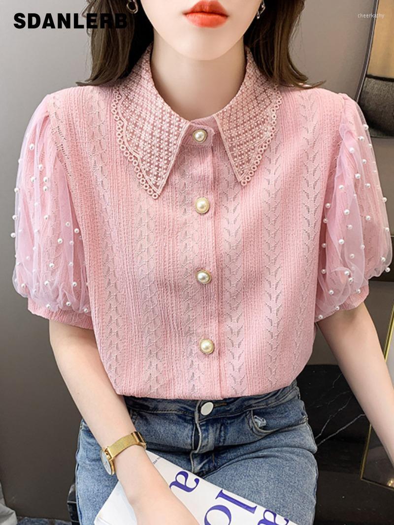

Women's Blouses & Shirts Summer Collar Beaded Puff Short Sleeve Crocheted Hollow Shirt Women's Design Sense Niche Lace Top Camisas Mujer, White