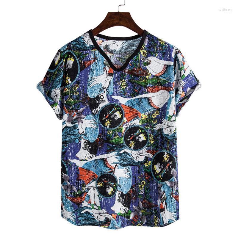 

Men V Neck Print Shirt Cotton Line Casual Short Sleeve Vintage Beach Shirts Summer Streetwear Camisa Masculina -5XL Men's Sybi22