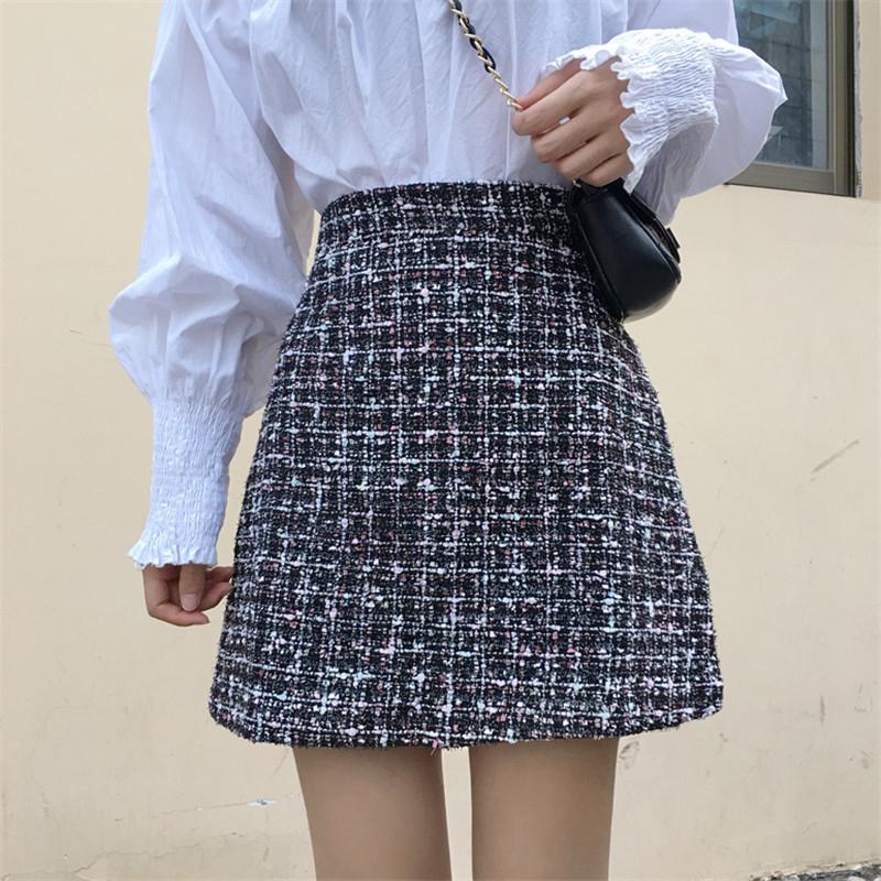 

Skirts Vintage Winter Tweed Women Autumn Mini Pencil Plaid Wool Korean Bodycon High Waist Elegant Skirt LadySkirts, Gray