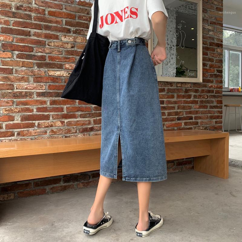 

Summer Korean Style Ins Retro Hong Kong High Waist A- Line Skirt Female Students Slimming Slit Denim Mid-Length Fashion Skirts, Blue