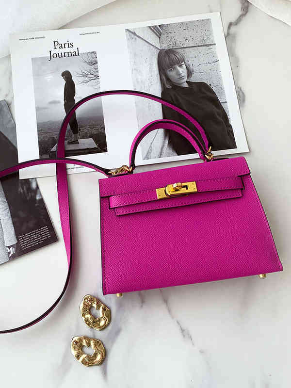 

Top Designer Classic Hremm Bags Kelys's bag women's leather rose red cow ome Mini second generation sense, 19 cm palm print plum purple (no lock)