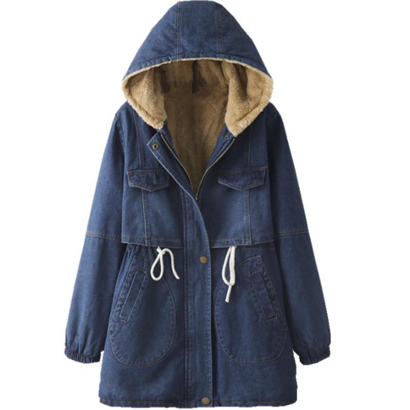 

Women' Trench Coats Winter Jackets 2022 Fashion Thick Warm Denim Jacket Coat Female Casual Loose Cotton-padded Women Hooded, Blue 1