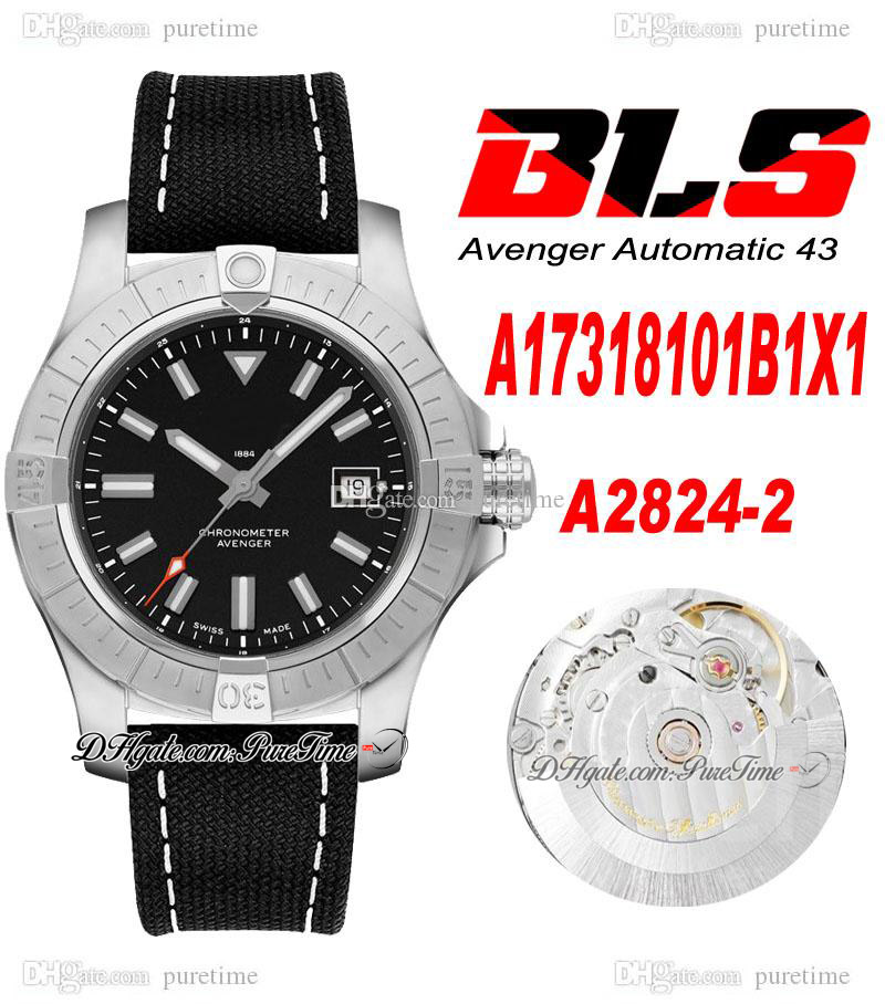 

BLS A17318101B1X1 43mm Eta A2824 Automatic Mens Watch Steel Case Black Dial White Number Markers Nylon Leather Strap Super Edition Puretime 05b2