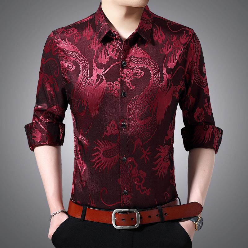 

Men's Casual Shirts Shirt Silk Men's Summer Autumn Thin Business Long Sleeve Dragon Print Cool And BreathableMen's, Style3
