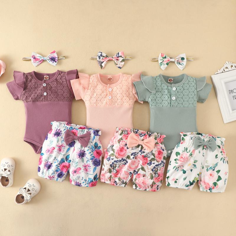 

Clothing Sets Pcs Born Girls Casual Outfits Toddler Ribbed Sleeve Round Neck Lace Patchwork Bodysuit Floral Shorts Bow HeadbandClothing Clot, Purple