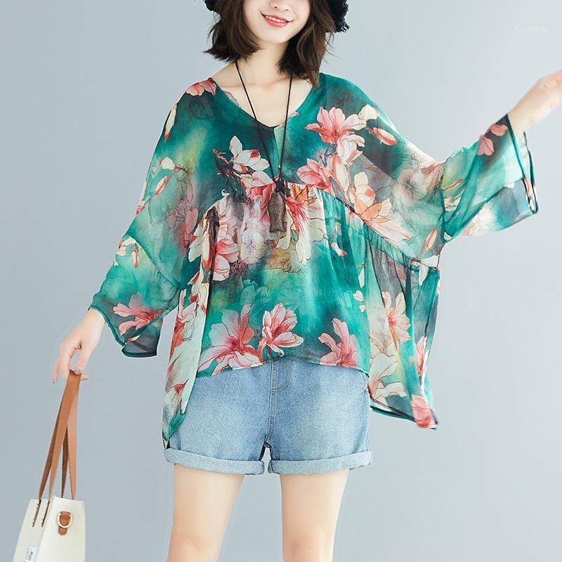 

Oversize Loose Floral Women Blouse 2022 Summer Batwing-Sleeved Lady Elegant Pulls Tops Tees Women's Blouses & Shirts, Green
