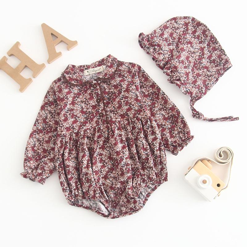 

Jumpsuits Spring Baby Clothes Girls Romper Autumn Long Sleeve Floral Girl Rompers And Hat Jumpsuit Flower ClothesJumpsuits, B91h02 brown