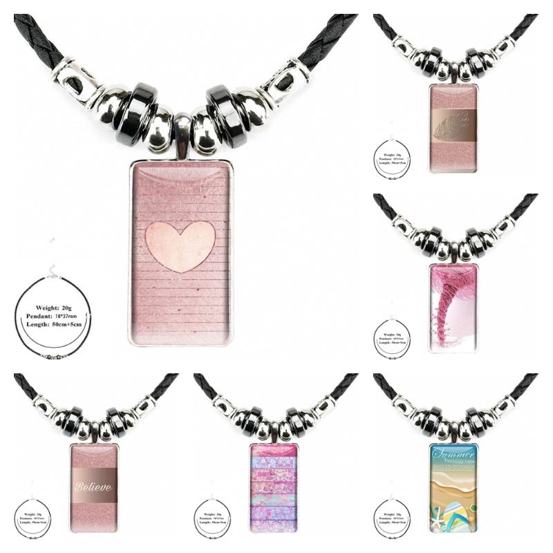 

Pendant Necklaces Pink Beauty Stripe Heart Glass Necklace Handmade Half Rectangle For Girls Gift Womens