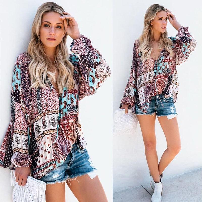 

Women' Blouses & Shirts Autumn Shirt Women Fashion Streetwear Casual Print Drawstring Sexy Deep V-Neck Long Sleeve Tops Clothes Vetement Fe, Red