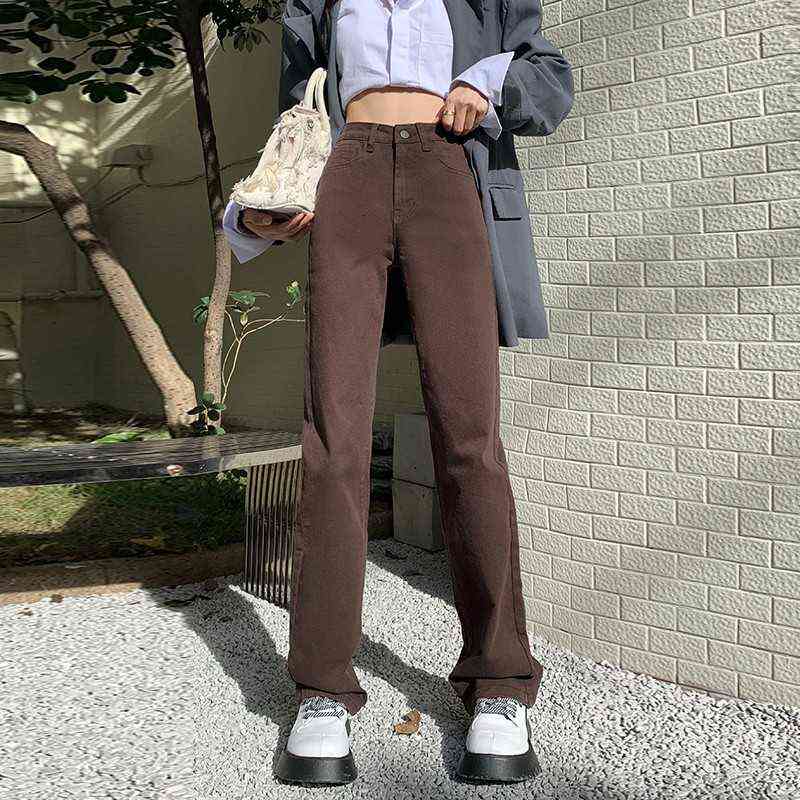 

GUUZYUVIZ Autumn Winter Straight Stretch Jeans Woman High Waist Korean Pantnes Vaqueros Denim Pants Mom T220728, Black